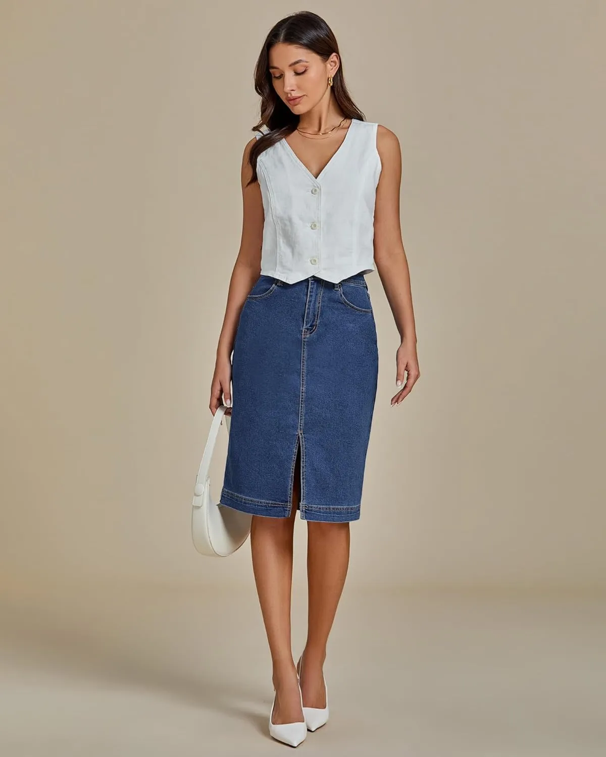 luvamia Jean Skirts for Women Denim Trendy Summer Casual Stretchy High Waisted Midi Below Knee Pencil Skirt with Slit