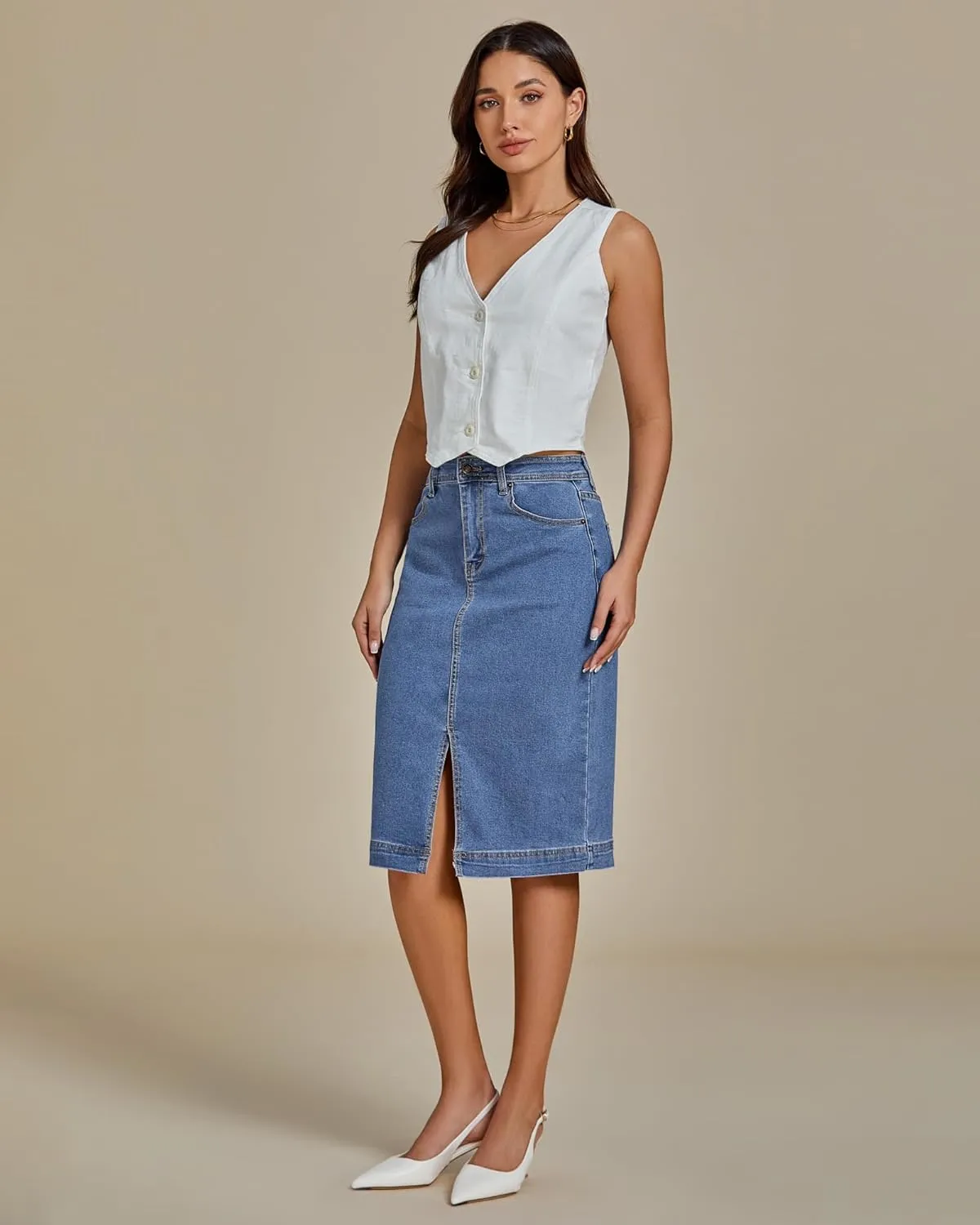 luvamia Jean Skirts for Women Denim Trendy Summer Casual Stretchy High Waisted Midi Below Knee Pencil Skirt with Slit