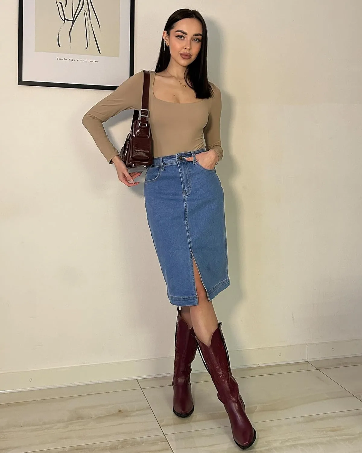 luvamia Jean Skirts for Women Denim Trendy Summer Casual Stretchy High Waisted Midi Below Knee Pencil Skirt with Slit