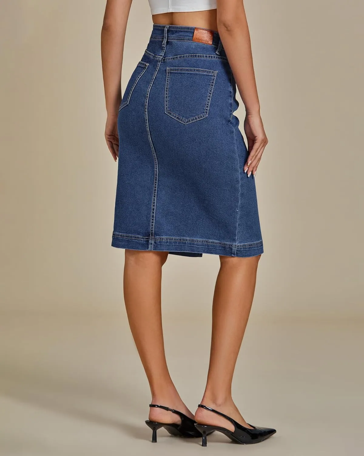 luvamia Jean Skirts for Women Denim Trendy Summer Casual Stretchy High Waisted Midi Below Knee Pencil Skirt with Slit