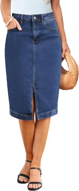 luvamia Jean Skirts for Women Denim Trendy Summer Casual Stretchy High Waisted Midi Below Knee Pencil Skirt with Slit