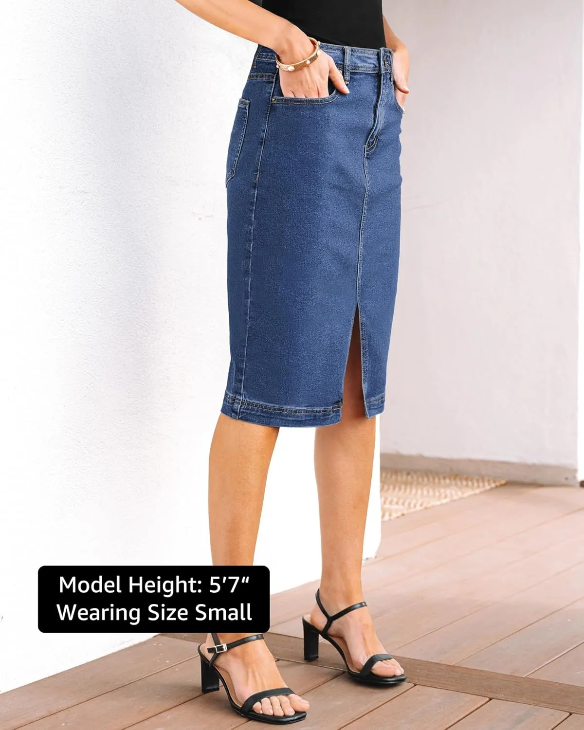 luvamia Jean Skirts for Women Denim Trendy Summer Casual Stretchy High Waisted Midi Below Knee Pencil Skirt with Slit