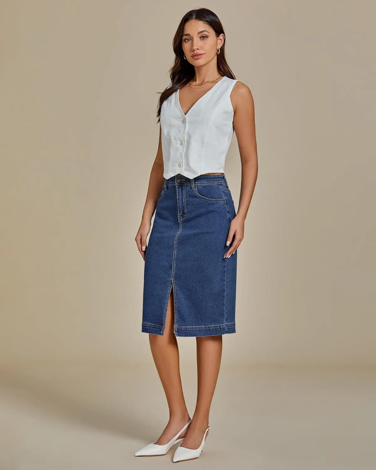 luvamia Jean Skirts for Women Denim Trendy Summer Casual Stretchy High Waisted Midi Below Knee Pencil Skirt with Slit