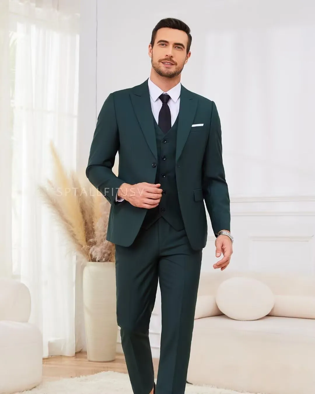Men's 3 Piece Suits Slim Fit Peak Lapel 2 Button Blazer Jacket Vest Pants Set Wedding Business Prom Party Suit