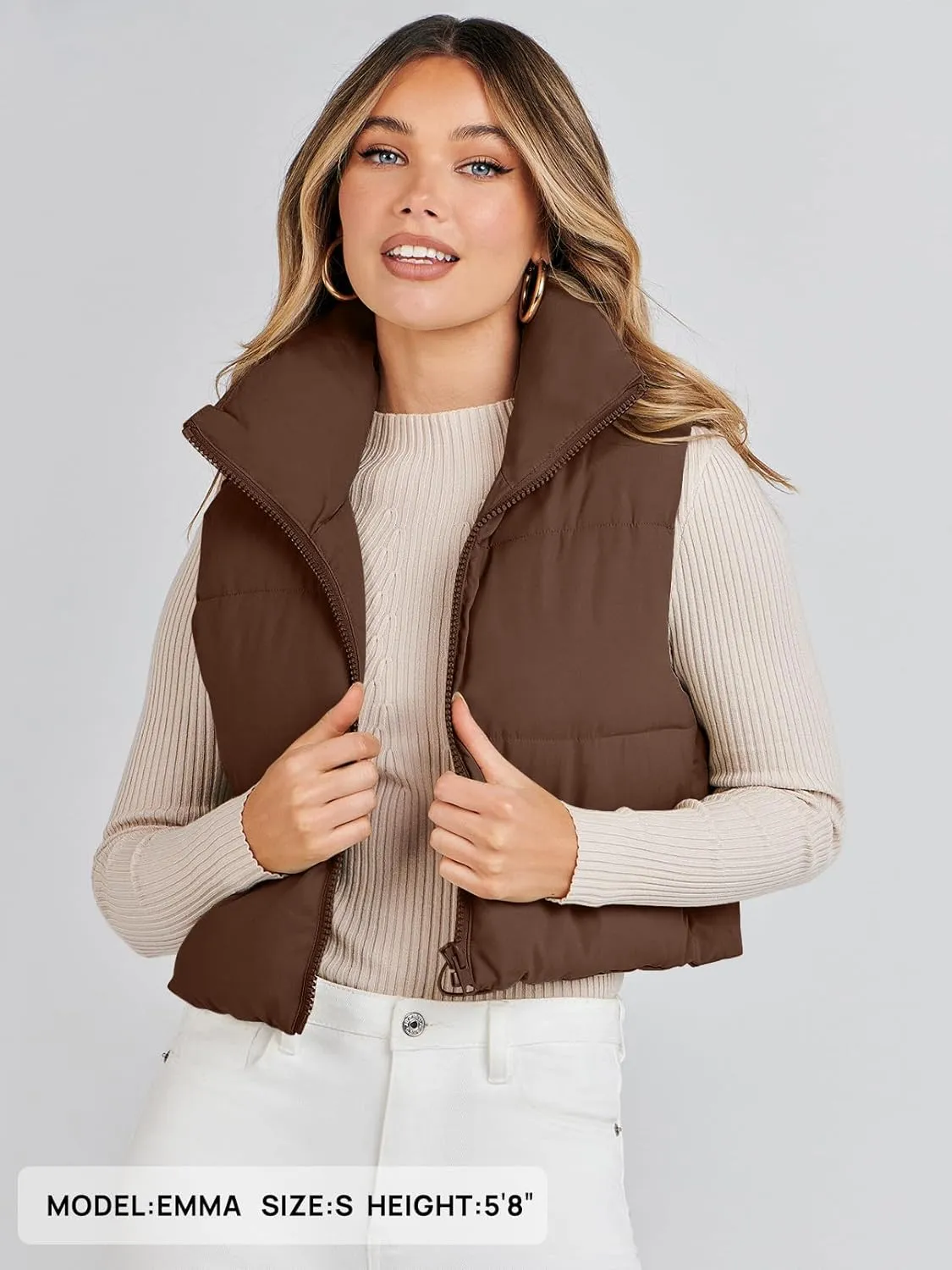 MEROKEETY Women's Crop Puffer Vest Lightweight Stand Collar Sleeveless Zip Up Padded Gilet Coat
