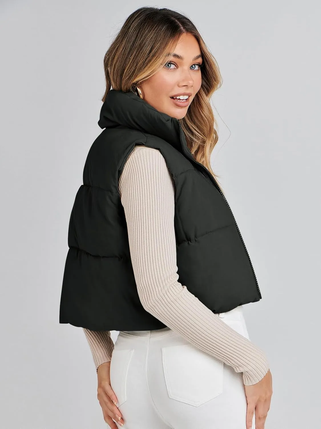 MEROKEETY Women's Crop Puffer Vest Lightweight Stand Collar Sleeveless Zip Up Padded Gilet Coat