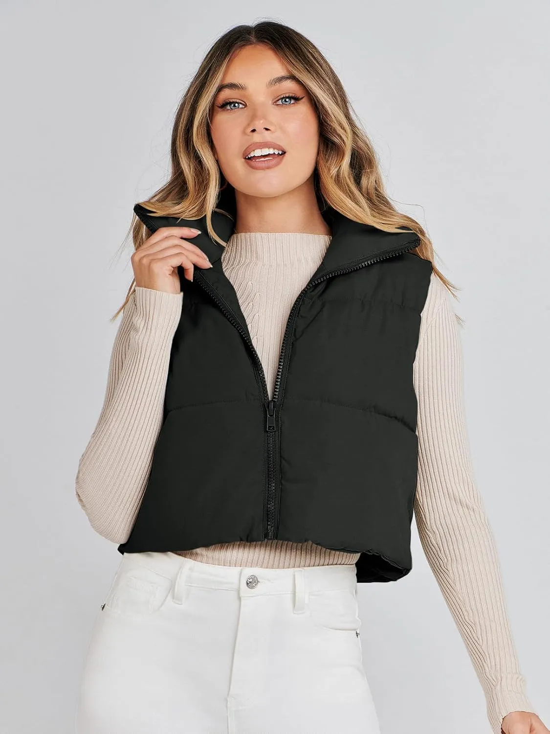 MEROKEETY Women's Crop Puffer Vest Lightweight Stand Collar Sleeveless Zip Up Padded Gilet Coat
