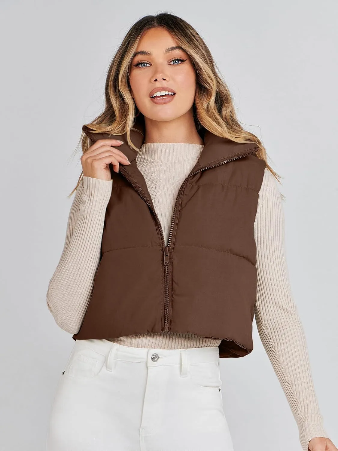 MEROKEETY Women's Crop Puffer Vest Lightweight Stand Collar Sleeveless Zip Up Padded Gilet Coat