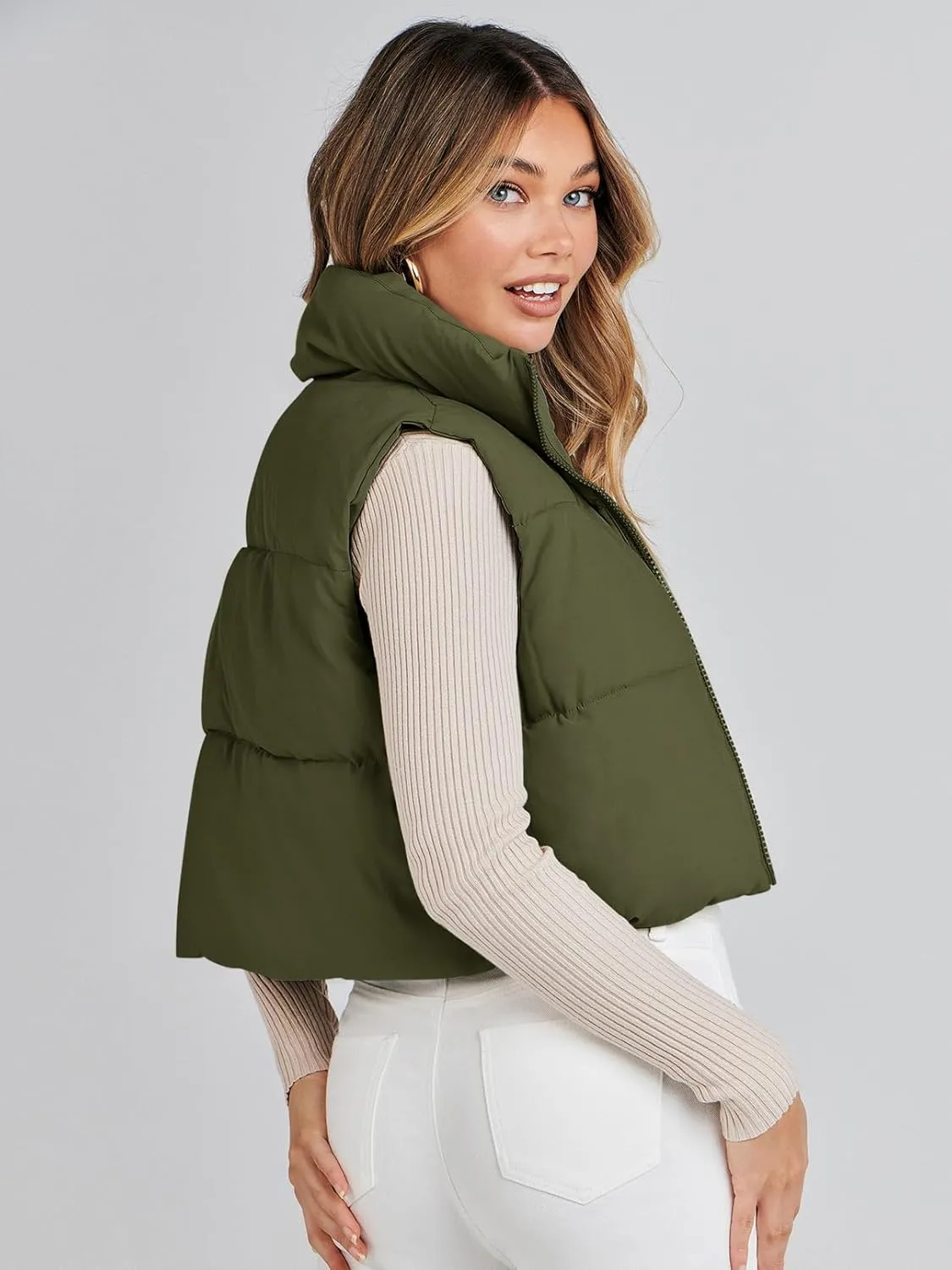 MEROKEETY Women's Crop Puffer Vest Lightweight Stand Collar Sleeveless Zip Up Padded Gilet Coat