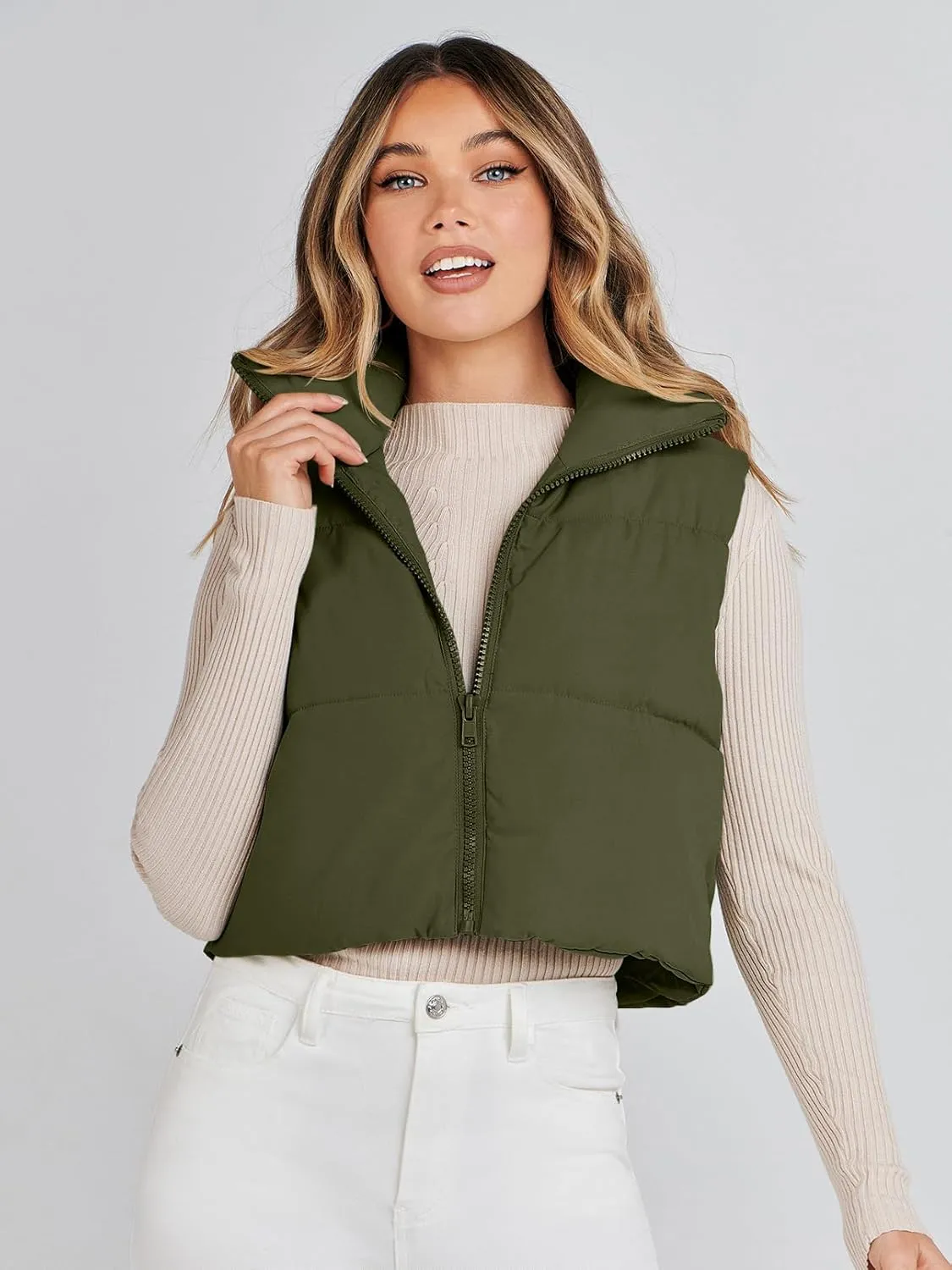 MEROKEETY Women's Crop Puffer Vest Lightweight Stand Collar Sleeveless Zip Up Padded Gilet Coat