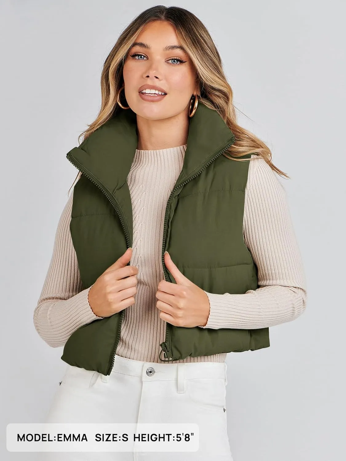 MEROKEETY Women's Crop Puffer Vest Lightweight Stand Collar Sleeveless Zip Up Padded Gilet Coat