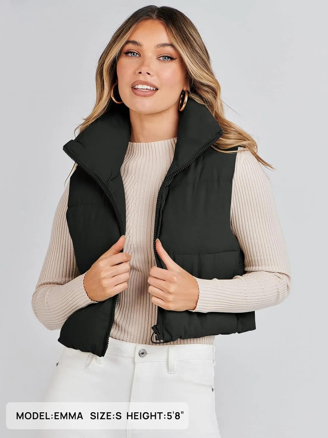 MEROKEETY Women's Crop Puffer Vest Lightweight Stand Collar Sleeveless Zip Up Padded Gilet Coat