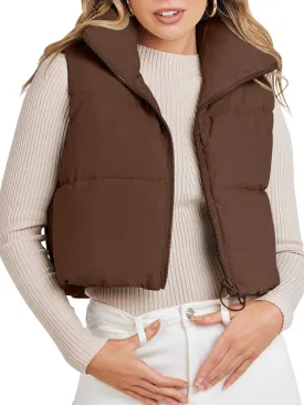 MEROKEETY Women's Crop Puffer Vest Lightweight Stand Collar Sleeveless Zip Up Padded Gilet Coat