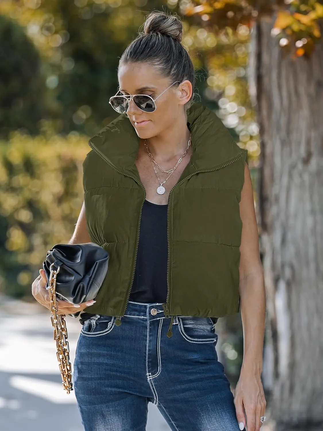 MEROKEETY Women's Crop Puffer Vest Lightweight Stand Collar Sleeveless Zip Up Padded Gilet Coat
