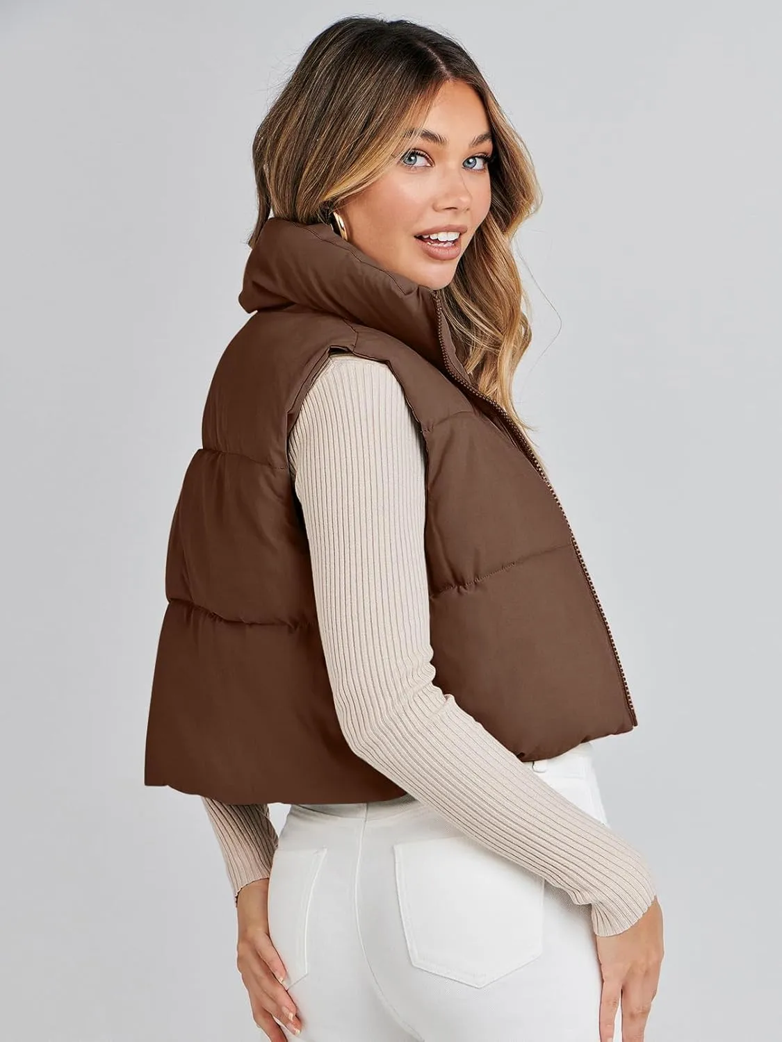 MEROKEETY Women's Crop Puffer Vest Lightweight Stand Collar Sleeveless Zip Up Padded Gilet Coat