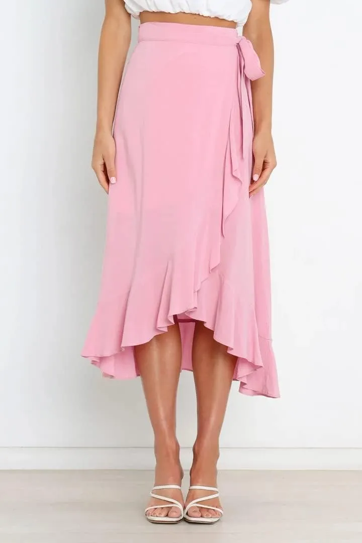 Plustrong Womens Wrap Skirt Tie Waist Ruffle Hem Asymmetrical Flowy Midi Skirts
