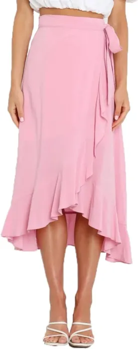 Plustrong Womens Wrap Skirt Tie Waist Ruffle Hem Asymmetrical Flowy Midi Skirts