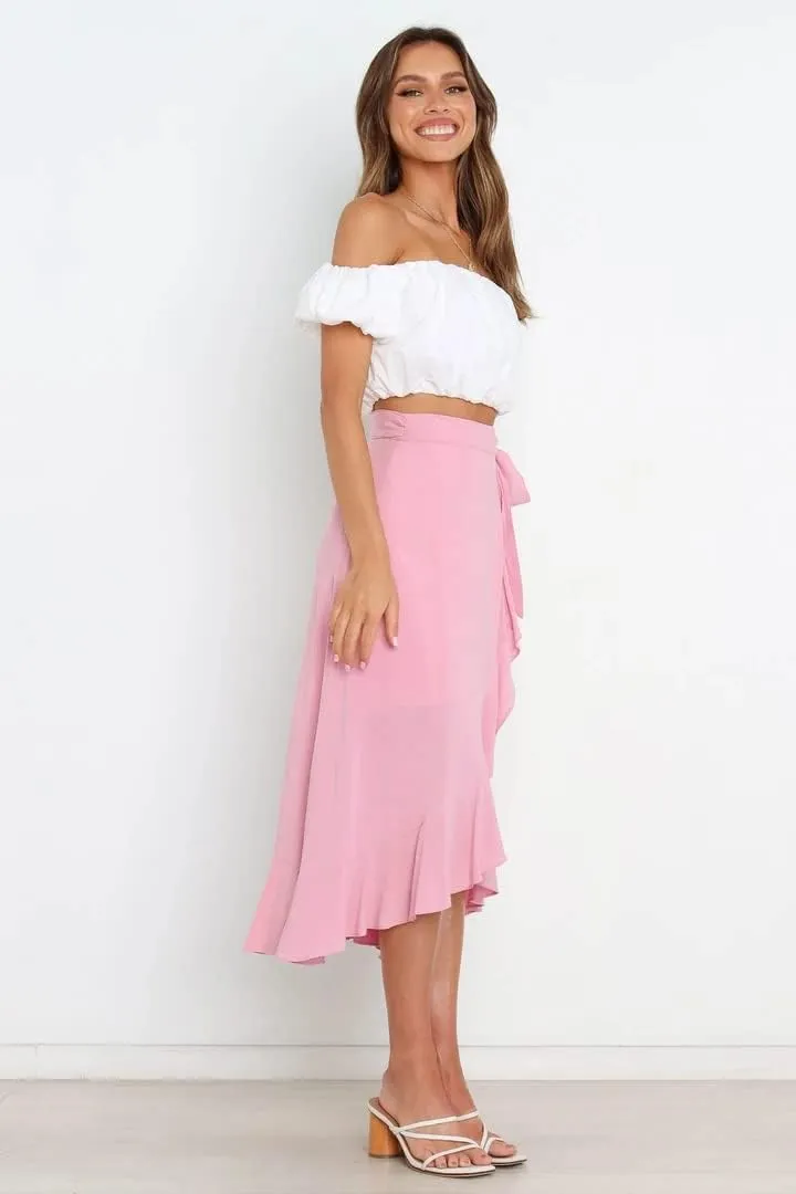 Plustrong Womens Wrap Skirt Tie Waist Ruffle Hem Asymmetrical Flowy Midi Skirts