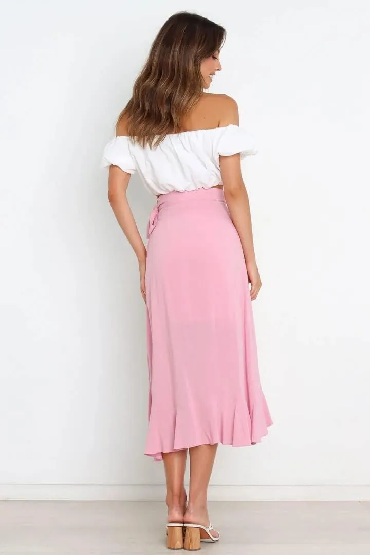 Plustrong Womens Wrap Skirt Tie Waist Ruffle Hem Asymmetrical Flowy Midi Skirts