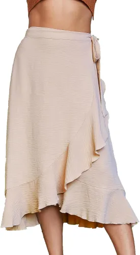 Plustrong Womens Wrap Skirt Tie Waist Ruffle Hem Asymmetrical Flowy Midi Skirts