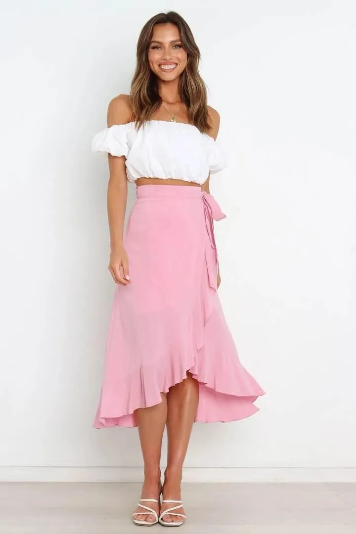 Plustrong Womens Wrap Skirt Tie Waist Ruffle Hem Asymmetrical Flowy Midi Skirts