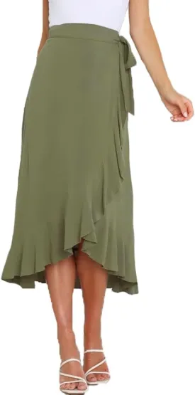 Plustrong Womens Wrap Skirt Tie Waist Ruffle Hem Asymmetrical Flowy Midi Skirts