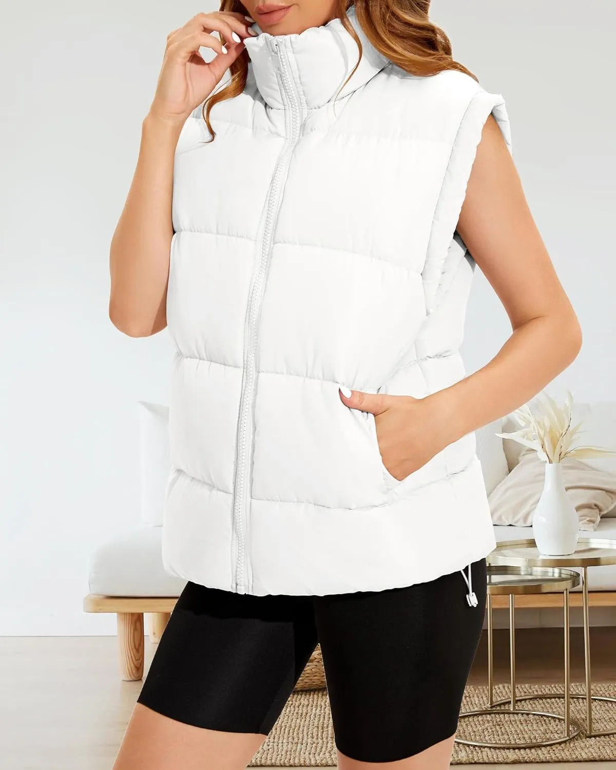 Polu Womens Puffer Vests Oversized Outerwear Vests Stand Collar Sleeveless Padded Down Jackets with Pockets