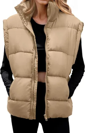 Polu Womens Puffer Vests Oversized Outerwear Vests Stand Collar Sleeveless Padded Down Jackets with Pockets