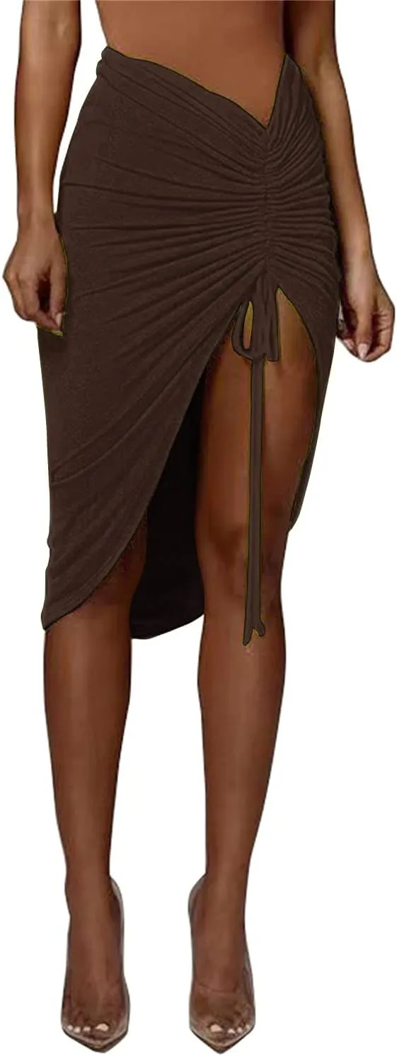 PRIMODA Women's Asymmetrical Bodycon Drawstring Ruched Midi Skirt with Thigh High Slit