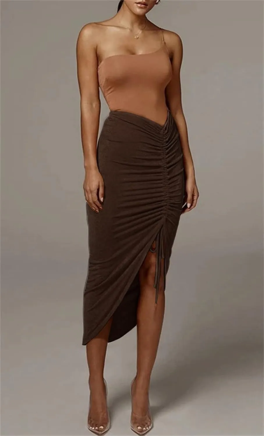 PRIMODA Women's Asymmetrical Bodycon Drawstring Ruched Midi Skirt with Thigh High Slit