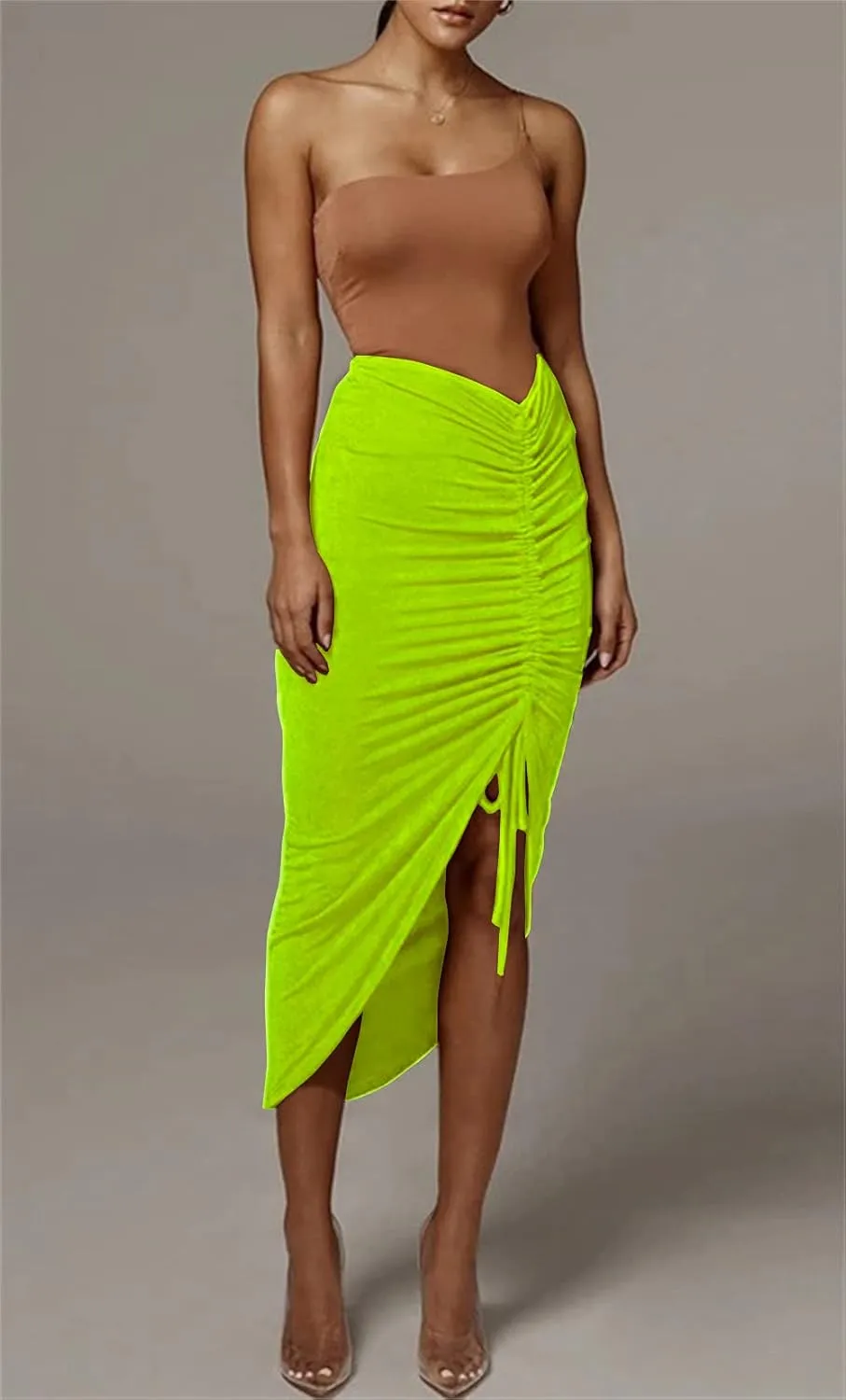 PRIMODA Women's Asymmetrical Bodycon Drawstring Ruched Midi Skirt with Thigh High Slit