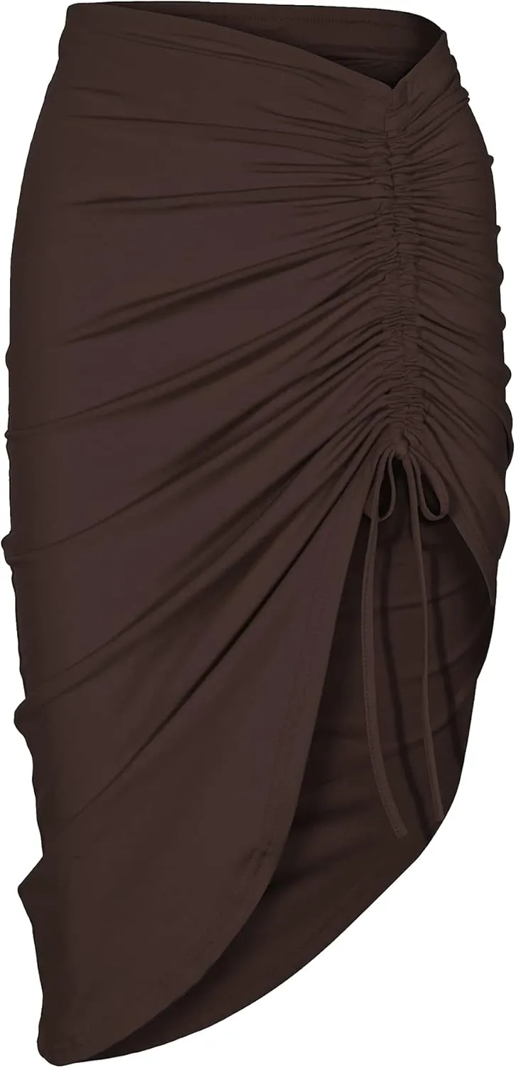 PRIMODA Women's Asymmetrical Bodycon Drawstring Ruched Midi Skirt with Thigh High Slit