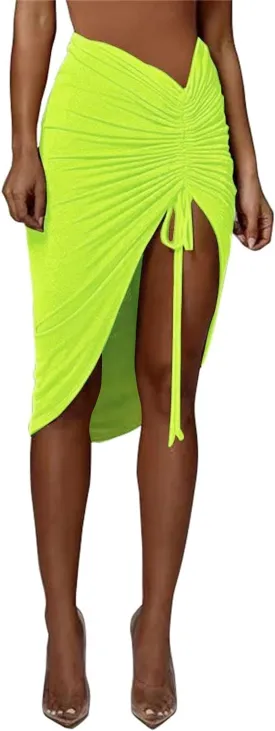 PRIMODA Women's Asymmetrical Bodycon Drawstring Ruched Midi Skirt with Thigh High Slit