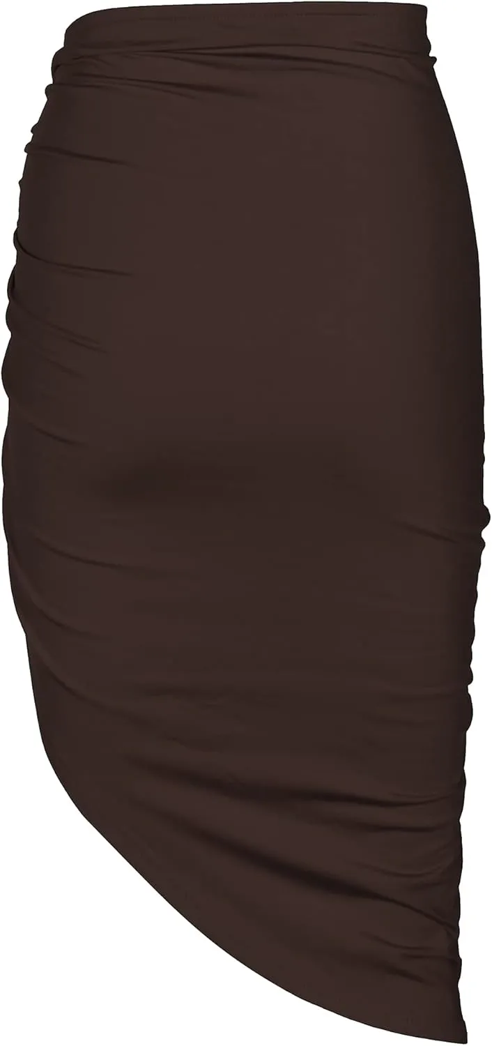 PRIMODA Women's Asymmetrical Bodycon Drawstring Ruched Midi Skirt with Thigh High Slit