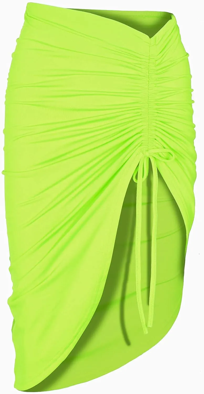 PRIMODA Women's Asymmetrical Bodycon Drawstring Ruched Midi Skirt with Thigh High Slit