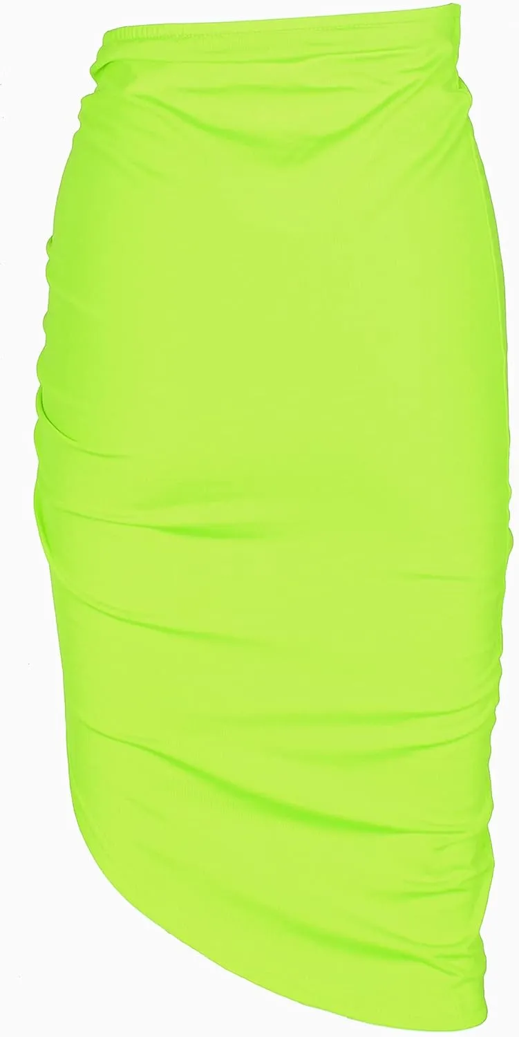 PRIMODA Women's Asymmetrical Bodycon Drawstring Ruched Midi Skirt with Thigh High Slit