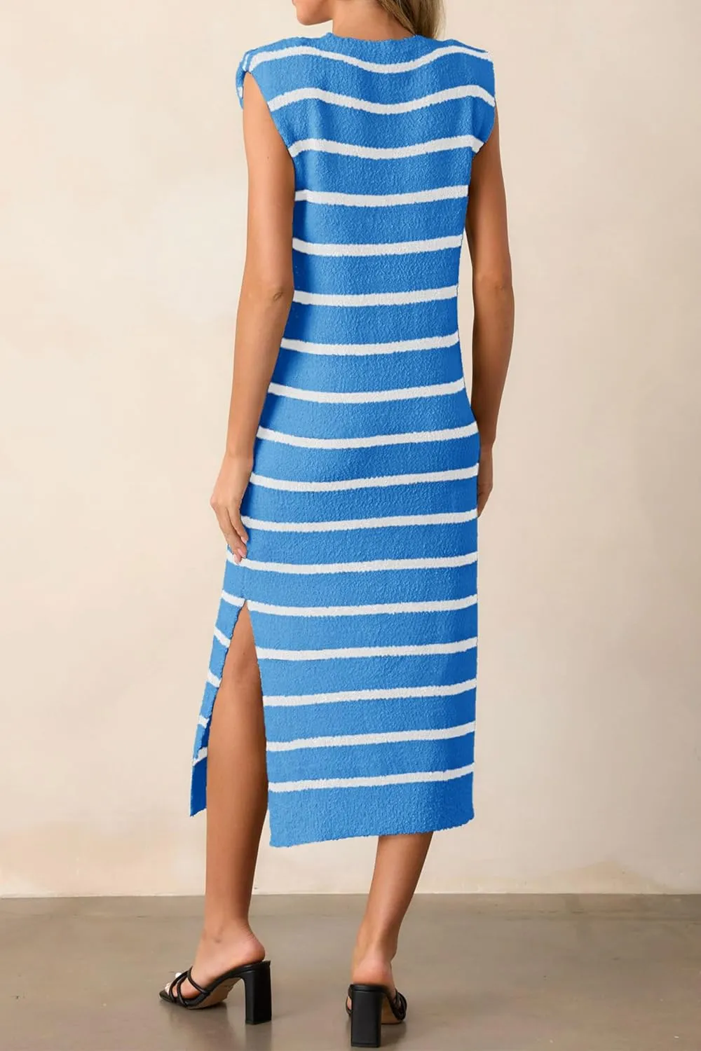 Saodimallsu Womens Striped Summer Midi Dress Sleeveless Crew Neck Sexy Slit Knit Tank Long Dresses