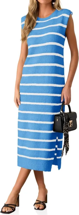 Saodimallsu Womens Striped Summer Midi Dress Sleeveless Crew Neck Sexy Slit Knit Tank Long Dresses