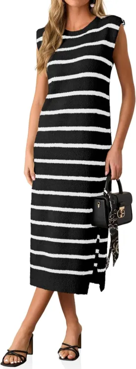Saodimallsu Womens Striped Summer Midi Dress Sleeveless Crew Neck Sexy Slit Knit Tank Long Dresses