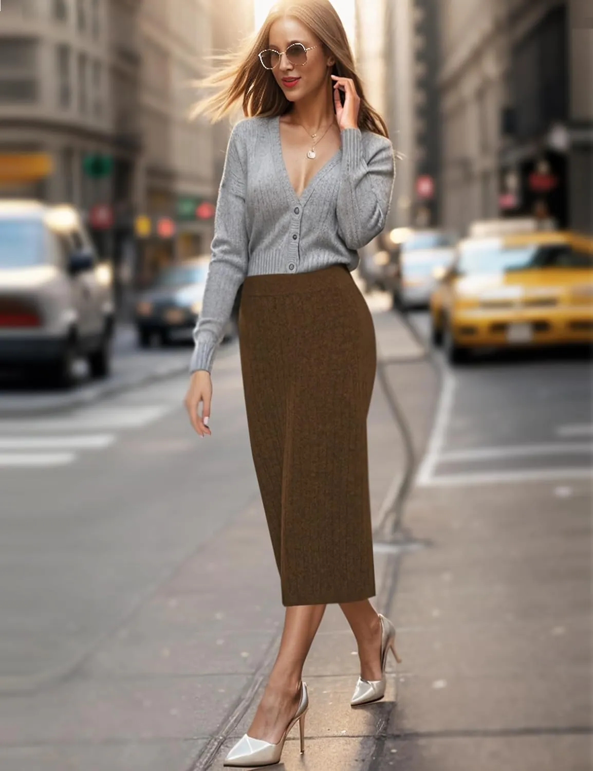 Sweater Skirts for Women Slit High Waisted Pencil Skirt Ribbed Knit Skirt Bodycon Midi Sweater Skirt Solid Casual