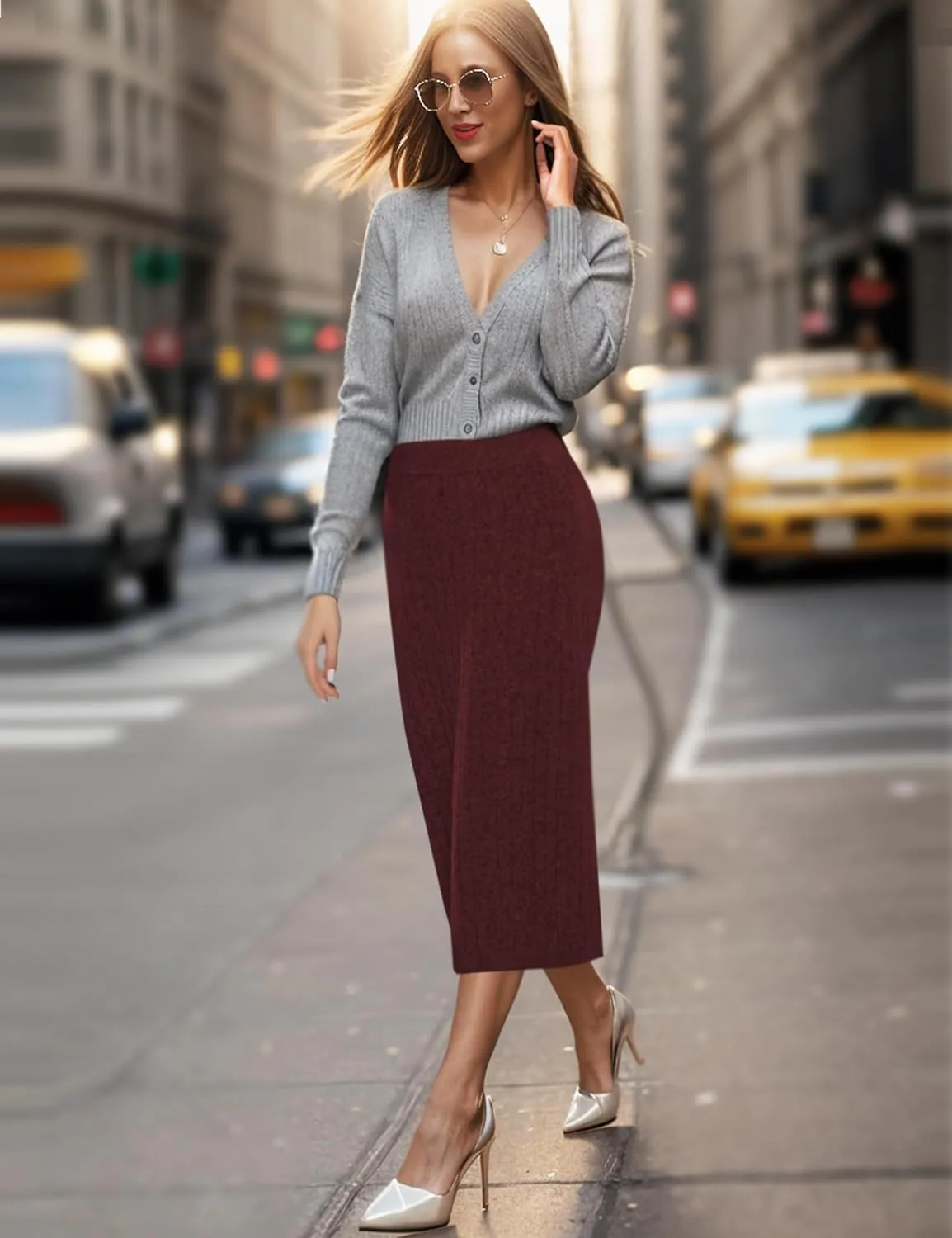 Sweater Skirts for Women Slit High Waisted Pencil Skirt Ribbed Knit Skirt Bodycon Midi Sweater Skirt Solid Casual