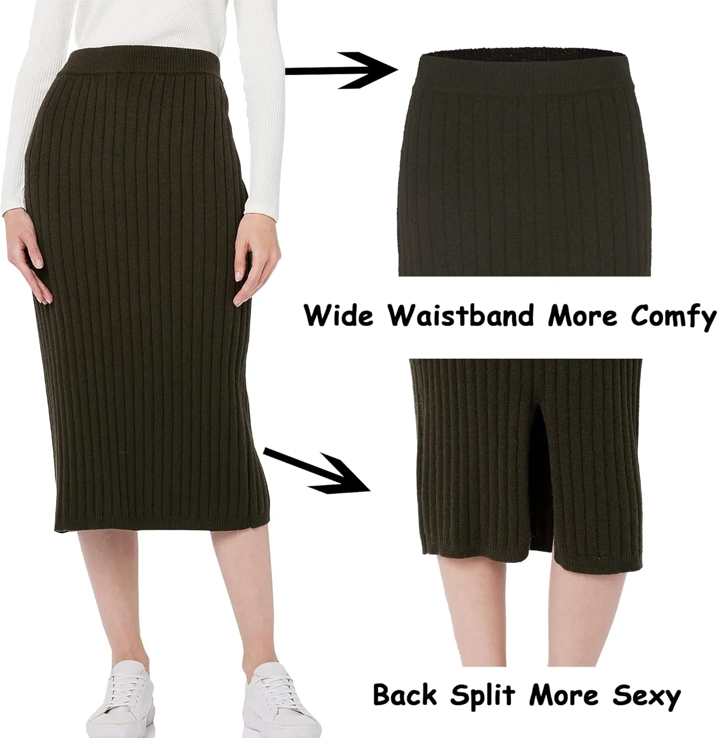 Sweater Skirts for Women Slit High Waisted Pencil Skirt Ribbed Knit Skirt Bodycon Midi Sweater Skirt Solid Casual