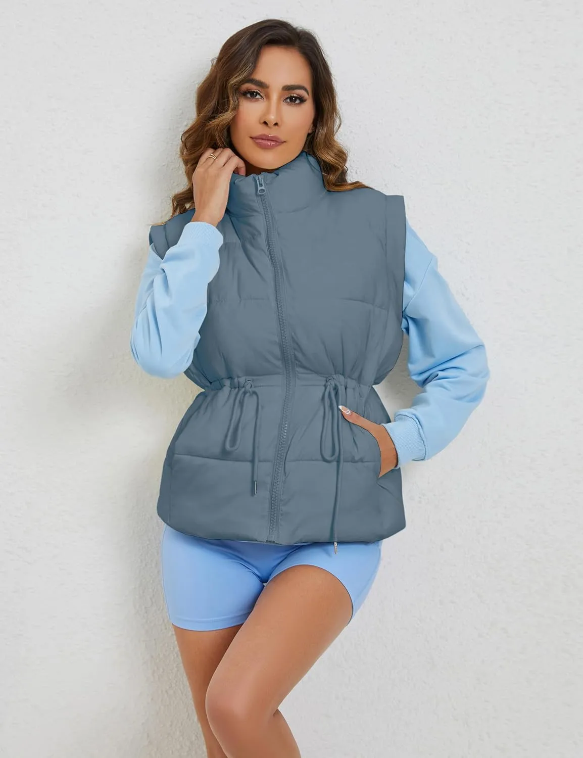VAOYIU Womens Puffer Vest Adjustable Drawstring Waist Lightweight Quilted Zip Up Vest with Pockets