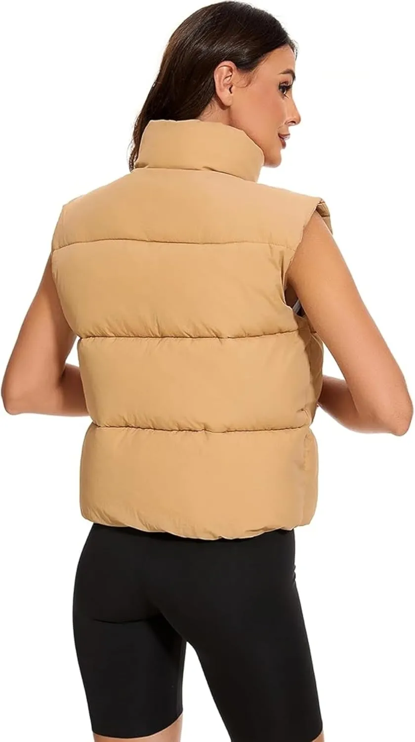 Wanzetaly Women's Puffer Vest Cropped Sleeveless Winter Outerwear Lightweight Stand-up Collar Down Vest with Pockets