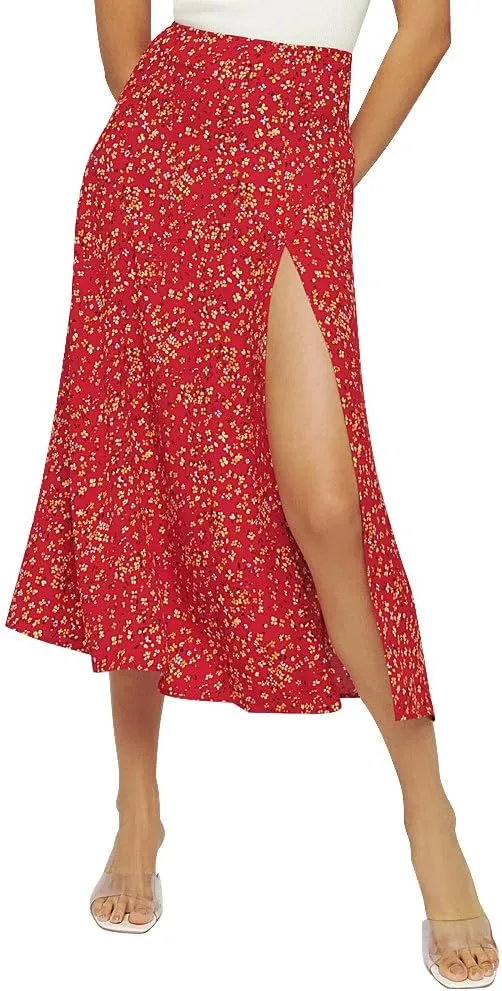 Women's Casual Boho Floral Side Split Skirt Elastic High Waist A Line Summer Beach Midi Skirt