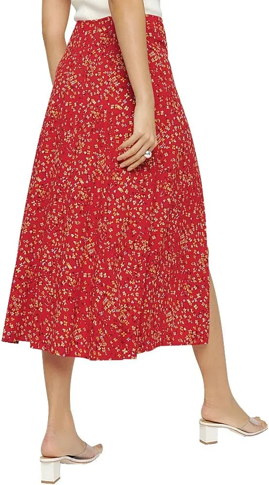 Women's Casual Boho Floral Side Split Skirt Elastic High Waist A Line Summer Beach Midi Skirt