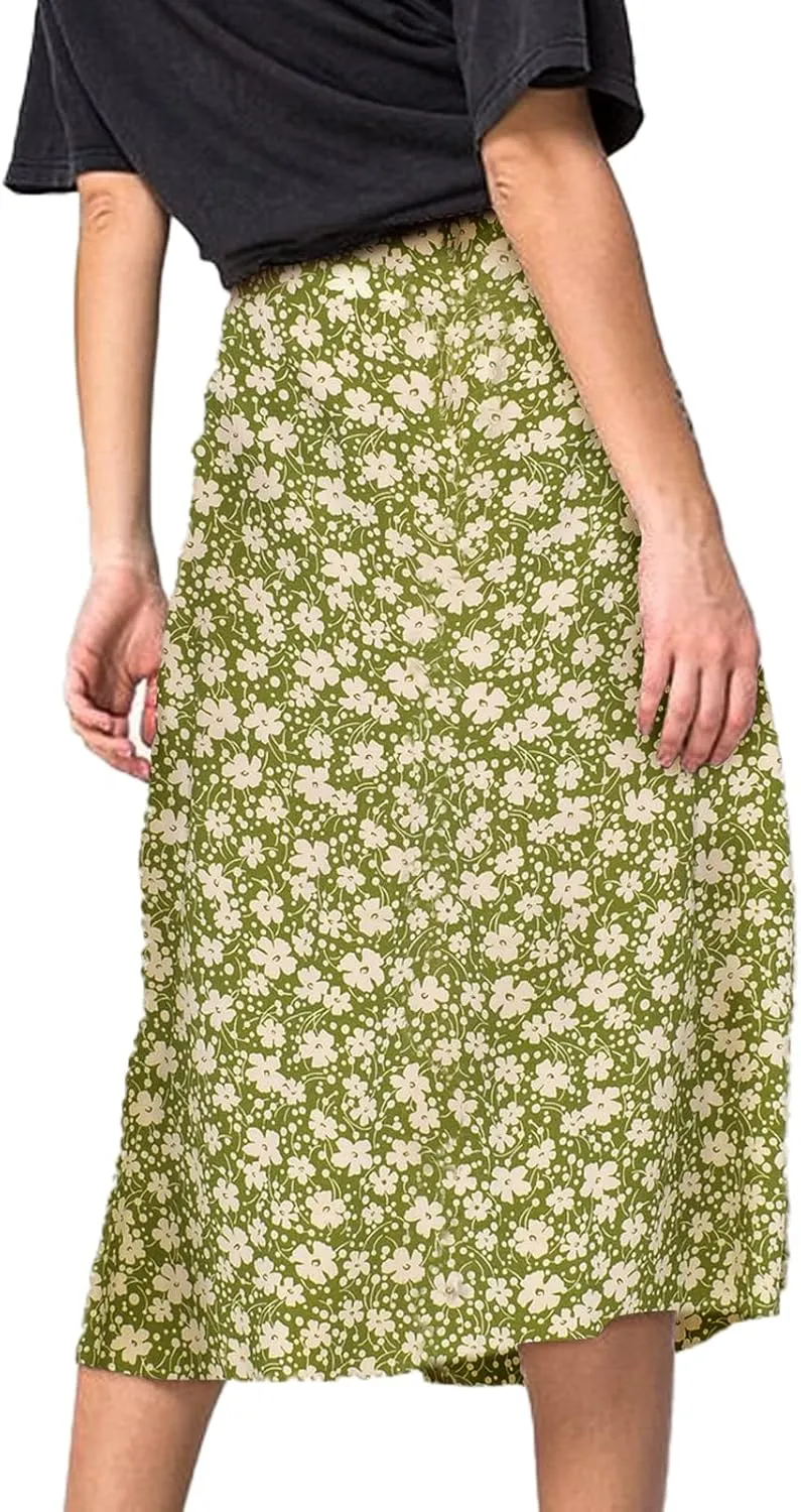 Women's Casual Boho Floral Side Split Skirt Elastic High Waist A Line Summer Beach Midi Skirt