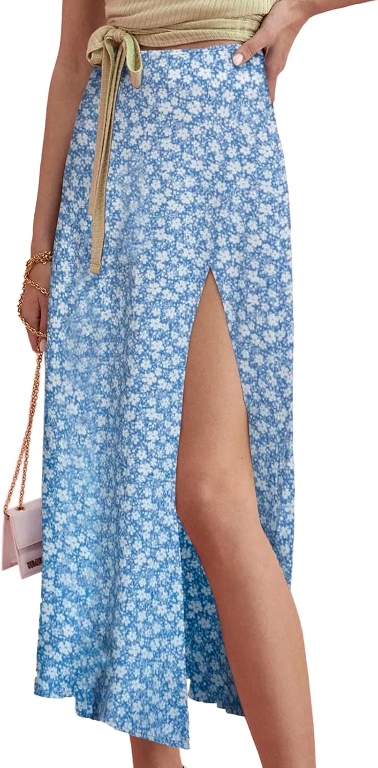 Women's Casual Boho Floral Side Split Skirt Elastic High Waist A Line Summer Beach Midi Skirt