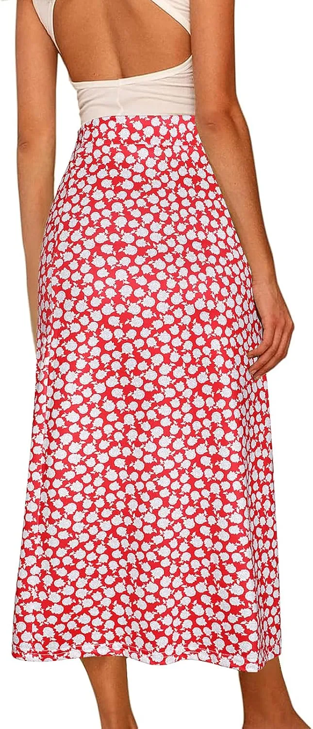 Women's Casual Boho Floral Side Split Skirt Elastic High Waist A Line Summer Beach Midi Skirt