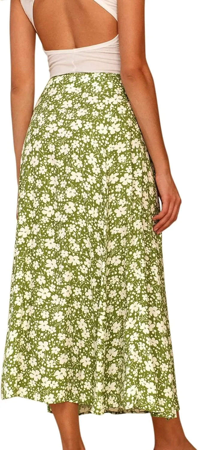 Women's Casual Boho Floral Side Split Skirt Elastic High Waist A Line Summer Beach Midi Skirt